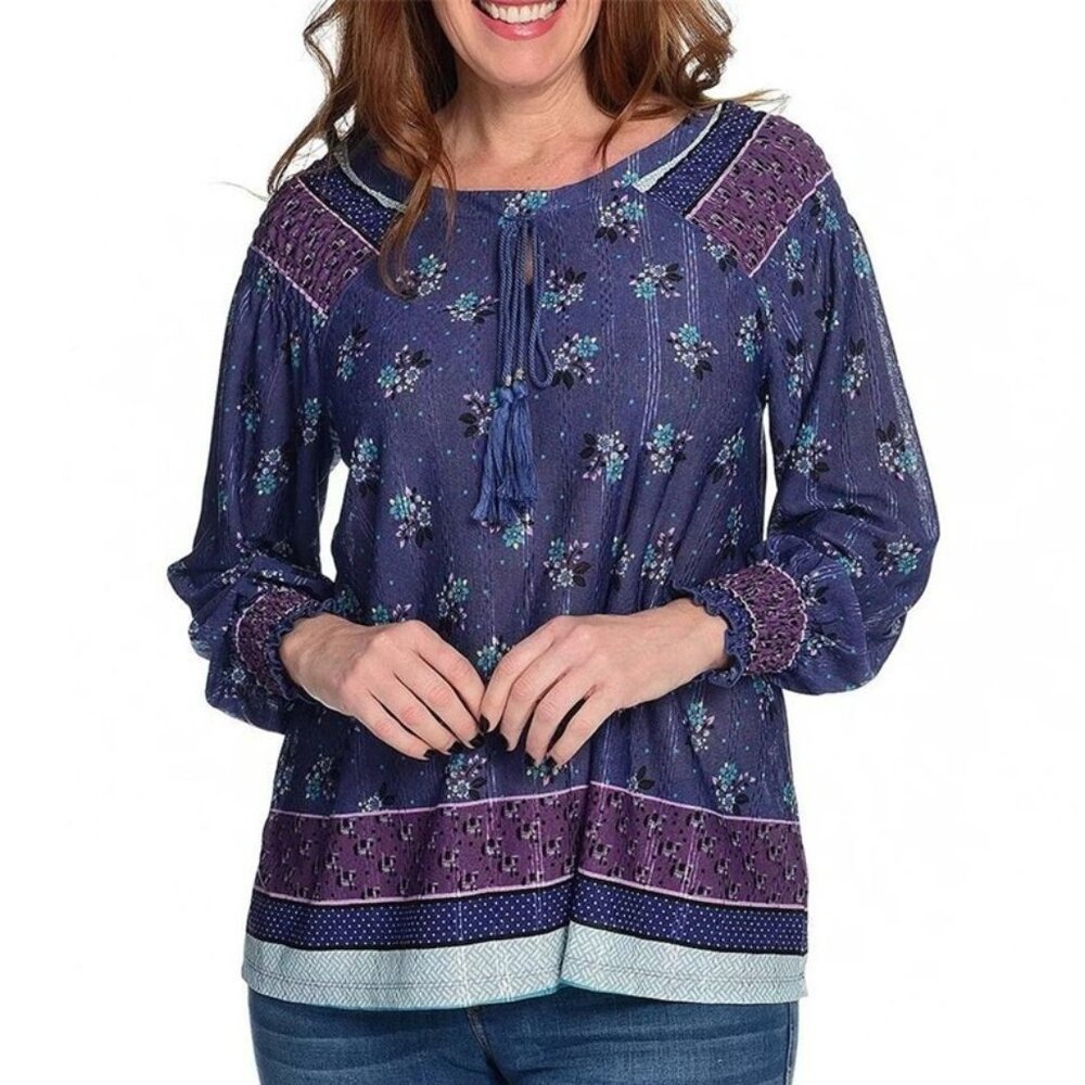 One World Blouse Size Small Smocked Shirred Purple Folk Art Gauze Woven Peasant